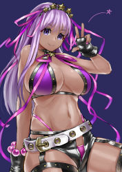 Rule 34 | 1girl, absurdres, bare shoulders, bb (fate), bb (fate) (all), bb (swimsuit mooncancer) (fate), bb (swimsuit mooncancer) (second ascension) (fate), bead bracelet, beads, belt, bikini, black gloves, black shorts, black thighhighs, blue background, bracelet, breasts, cleavage, dark-skinned female, dark skin, fate/grand order, fate (series), fingerless gloves, gloves, gyaru, hair ornament, hair ribbon, hairband, hand gesture, highres, jewelry, large breasts, long hair, looking at viewer, matinmorgen, micro shorts, neck ribbon, purple bikini, purple eyes, purple hair, purple ribbon, ribbon, short shorts, shorts, simple background, sitting, smile, solo, star (symbol), star hair ornament, studded garter belt, swimsuit, tan, thighhighs, thighs, w, white belt