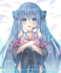 Rule 34 | 1girl, absurdly long hair, aqua eyes, aqua hair, aqua necktie, artist name, artist request, bare shoulders, black skirt, black sleeves, black thighhighs, blue eyes, blue hair, blue nails, blue necktie, blush, breasts, collared shirt, detached sleeves, female focus, hair between eyes, hair ornament, hand on legs, hatsune miku, headphones, headset, highres, kano chan 111, long hair, long sleeves, looking at viewer, nail polish, nails, necktie, parted lips, pleated skirt, shirt, sitting, skirt, sleeveless, sleeveless shirt, sleeves past fingers, sleeves past wrists, small breasts, solo, thighhighs, twintails, very long hair, vocaloid, white background, white shirt