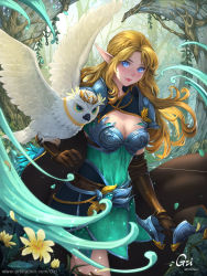 Rule 34 | 1girl, absurdres, animal, armor, artist name, bird, blonde hair, blue eyes, bow (weapon), braid, breastarmor, breasts, brown cape, brown gloves, cape, cleavage, copyright request, crown, dated, dress, flower, gloves, green cape, green dress, gzi (shiba-ko), highres, holding, holding bow (weapon), holding weapon, large breasts, long hair, outdoors, owl, pointy ears, shoulder plates, smile, tree, two-sided cape, two-sided fabric, watermark, weapon, web address, wings, yellow flower