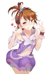 Rule 34 | 1girl, arched back, asymmetrical bangs, asymmetrical clothes, bad id, bad pixiv id, bare shoulders, brown eyes, brown hair, bubble skirt, closed mouth, commentary, costume, crossed bangs, finger to cheek, fingernails, flipped hair, futami ami, hairband, hands up, heart, highres, hplay, idol, idolmaster, idolmaster (classic), leaning forward, looking at viewer, navel, single sleeve, single wrist cuff, skirt, smile, solo, tongue, tongue out, w, wrist cuffs