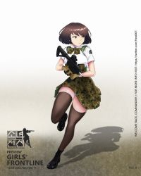 Rule 34 | 3d printed firearm, 3d printed weapon, absurdres, black footwear, boots, bow, bowtie, breasts, brown hair, camouflage, camouflage neckwear, camouflage skirt, carbine, combat boots, commission, copyright name, english text, fgc-9, foregrip, girls&#039; frontline, gun, handgun, herd001, high-waist skirt, highres, holding, holding gun, holding weapon, huge filesize, logo, medium breasts, original, panties, pantyshot, personification, pistol, running, scope, semi-automatic firearm, shirt, shirt tucked in, short hair, skindentation, skirt, solo, striped clothes, striped panties, thighhighs, underwear, watermark, weapon, web address, white shirt