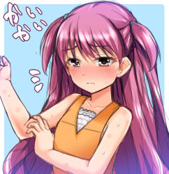 Rule 34 | 1girl, 3:, blush, border, center frills, closed mouth, collarbone, commentary request, embarrassed, eyelashes, frills, frown, furrowed brow, grey eyes, hair between eyes, hands up, highres, katou umi, light blue background, long hair, looking at viewer, nose blush, notice lines, orange shirt, purple hair, shirt, simple background, sketch, sleeveless, sleeveless shirt, solo, summer pockets, sweat, translated, two side up, upper body, very long hair, white border, yunodon (sugar maple)