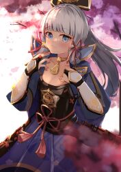 Rule 34 | 1girl, arm guards, armor, ayaka (genshin impact), blue eyes, blunt bangs, blurry, breastplate, breasts, cherry blossoms, choker, cleavage, collarbone, commentary request, depth of field, genshin impact, grey hair, hair ornament, hair ribbon, hair tubes, highres, japanese armor, japanese clothes, long hair, looking at viewer, minertime, petals, ponytail, ribbon, short sleeves, sidelocks, simple background, small breasts, solo, tress ribbon