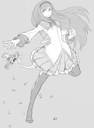 10s 1girl akemi_homura akemi_homura_(magical_girl) female_focus greyscale gun hairband handgun long_hair long_sleeves magical_girl mahou_shoujo_madoka_magica mahou_shoujo_madoka_magica_(anime) masn_(moxi) monochrome pantyhose shell_casing skirt solo weapon