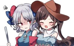 Rule 34 | 2girls, bare shoulders, blue bow, blue dress, blush, bow, breasts, brown hair, brown headwear, closed eyes, closed mouth, commentary request, cowboy hat, detached sleeves, dress, earrings, grey hair, hand up, hat, highres, horns, jewelry, kurokoma saki, long hair, long sleeves, looking at another, medium breasts, moshihimechan, multicolored clothes, multicolored dress, multiple girls, off-shoulder dress, off shoulder, open mouth, pink dress, plaid, plaid dress, pointy ears, ponytail, puffy short sleeves, puffy sleeves, red eyes, scarf, shaded face, sharp teeth, short hair, short sleeves, simple background, smile, spoon, sweatdrop, teeth, touhou, toutetsu yuuma, upper body, v-shaped eyebrows, weapon, white background, white scarf, wide sleeves, wings