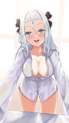 Rule 34 | 1girl, aged up, blue eyes, blush, braid, breasts, cleavage, french braid, girls&#039; frontline, highres, jamgom, lips, long hair, looking at viewer, medium breasts, mp5 (girls&#039; frontline), open clothes, open mouth, open shirt, shirt, silver hair, simple background, smile, solo, standing, white shirt, window