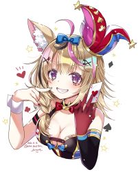 Rule 34 | 1girl, ace (playing card), ace of hearts, animal ear fluff, animal ears, armlet, asymmetrical clothes, bare shoulders, black hair, blonde hair, blue bow, blue nails, bow, braid, breasts, card, cleavage, club (shape), commentary request, dated, diamond (shape), elbow gloves, fox ears, fox girl, gloves, hair between eyes, hair ornament, hands up, hat, heart, heart-shaped pupils, highres, hololive, jester cap, kashiba aira, medium breasts, multicolored hair, multicolored nails, nail polish, omaru polka, omaru polka (1st costume), pink hair, playing card, playing card theme, purple eyes, red bow, red nails, red neckwear, side braid, sidelocks, single elbow glove, single wrist cuff, smile, solo, spade (shape), star (symbol), symbol-shaped pupils, teeth, twitter username, upper body, virtual youtuber, wrist cuffs