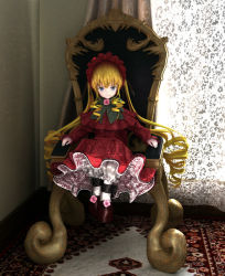 Rule 34 | 00s, 1girl, blonde hair, bonnet, bow, bowtie, carpet, chair, curtains, dress, drill hair, frills, full body, green bow, green bowtie, long hair, long sleeves, looking at viewer, red dress, rozen maiden, shinku, shoes, sidelocks, sitting, solo, throne, twin drills, twintails, very long hair, white legwear, window