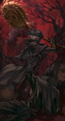 Rule 34 | 1boy, 1other, ambiguous gender, arm up, bare tree, belt, black gloves, blood, bloodborne, circular saw, cloud, from behind, gloves, grey hair, hat, highres, holding, holding weapon, hunter (bloodborne), imminent death, looking at another, pants, red sky, saw, short hair, sky, tree, tricorne, weapon, whirligig saw, yujia0412