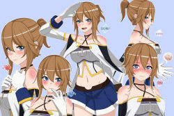 Rule 34 | 1girl, :d, arm up, azur lane, bare shoulders, blue background, blue capelet, blue eyes, blue skirt, blush, breasts, brown hair, capelet, closed mouth, collarbone, commentary, cowboy shot, criss-cross halter, crop top, detached sleeves, en go (kuro nigiri), full-face blush, gloves, groin, hair between eyes, halterneck, hands up, hat, heart, heart-shaped pupils, highres, jewelry, large breasts, looking at viewer, looking away, midriff, mini hat, miniskirt, navel, nose blush, open mouth, pleated skirt, ponytail, progression, repulse (azur lane), ring, salute, shirt, short hair, sidelocks, simple background, skirt, sleeveless, sleeveless shirt, smile, standing, symbol-shaped pupils, upper body, wavy mouth, wedding ring, white gloves, white shirt, white sleeves