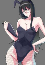 Rule 34 | 1girl, animal ears, bifidus, black hair, blue eyes, book, breasts, rabbit ears, cleavage, commentary request, covered navel, fake animal ears, glasses, grey background, hairband, hand on own hip, holding, holding book, kantai collection, long hair, looking at viewer, medium breasts, navel, ooyodo (kancolle), pantyhose, parted lips, playboy bunny, sidelocks, skindentation, solo