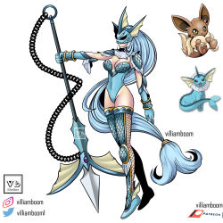 Rule 34 | 1girl, :3, absurdly long hair, absurdres, artist name, blue hair, chain, commentary, creatures (company), digimon, eevee, english commentary, full body, game freak, gen 1 pokemon, highres, holding, holding polearm, holding weapon, leotard, long hair, mask, nintendo, parody, pokemon, polearm, reference inset, solo, spear, style parody, tail, thighhighs, vaporeon, very long hair, villiam boom, weapon, white background, yellow eyes