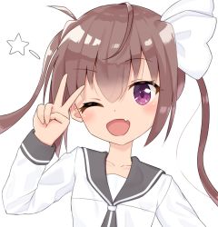 Rule 34 | 10s, 1girl, ;d, arm up, bad id, bad pixiv id, blush, bow, brown hair, collarbone, commentary request, fang, grey neckwear, hair between eyes, hair bow, long hair, looking at viewer, momochi tamate, one eye closed, open mouth, purple eyes, school uniform, serafuku, shirt, sidelocks, simple background, slow start, smile, solo, star (symbol), sutei (xfzdarkt), twintails, v, very long hair, white background, white bow, white shirt