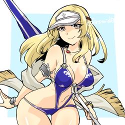 Rule 34 | 1girl, alternate costume, aqua background, armlet, blonde hair, blue one-piece swimsuit, bracelet, breasts, cleavage, cowboy shot, earrings, feather earrings, feathers, fire emblem, fire emblem echoes: shadows of valentia, grey eyes, jewelry, lance, lips, long hair, looking at viewer, mathilda (fire emblem), medium breasts, navel, necklace, nintendo, one-piece swimsuit, polearm, sash, simple background, smile, solo, swimsuit, thigh gap, twitter username, visor cap, weapon, yukia (firstaid0)