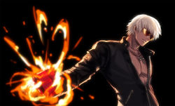 Rule 34 | 1boy, black background, black jacket, clenched hands, commentary, cross, cross necklace, evilgun, fire, gloves, head tilt, jacket, jewelry, k&#039; (kof), looking at viewer, male focus, necklace, parted lips, partially unzipped, pyrokinesis, red-tinted eyewear, red gloves, short hair, simple background, solo, sunglasses, the king of fighters, tinted eyewear, toned, toned male, upper body, white hair, zipper, zipper pull tab