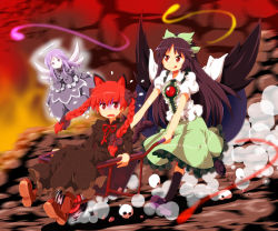 Rule 34 | 3girls, :p, animal ears, asymmetrical footwear, black hair, boots, bow, braid, cape, carrying, cat ears, cat girl, cat tail, dress, female focus, frilled skirt, frills, green skirt, hair bow, kaenbyou rin, long hair, mismatched footwear, multiple girls, multiple tails, open mouth, red eyes, red hair, reiuji utsuho, role reversal, running, ruu (tksymkw), scared, skirt, skull, smile, sweatdrop, tail, third eye, tongue, tongue out, touhou, twin braids, wheelbarrow, wings, zombie fairy (touhou)