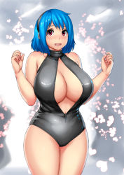 Rule 34 | 1girl, bare shoulders, blue hair, blush, breasts, center opening, cleavage, curvy, erkaz, front zipper swimsuit, hairband, heart, huge breasts, looking at viewer, meme attire, navel, one-piece swimsuit, open mouth, original, red eyes, rina atherina, short hair, solo, standing, swimsuit, thick thighs, thighs, wide hips