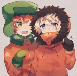 Rule 34 | 2boys, animification, blonde hair, blue eyes, covered mouth, fur hat, green eyes, hat, highres, hood, hood up, jacket, kenny mccormick, kyle broflovski, long sleeves, looking at viewer, male focus, mittens, momiji shiori, multiple boys, one eye closed, open mouth, orange hair, south park, upper body, ushanka