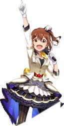Rule 34 | 1girl, belt, brown hair, frills, gloves, hat, highres, idol, idol clothes, idolmaster, idolmaster million live!, idolmaster tours, kasuga mirai, microphone, mini hat, official art, open mouth, side ponytail, solo, transparent background, yellow eyes