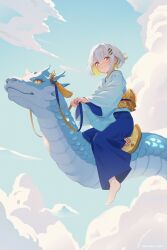 Rule 34 | 1girl, alternate costume, bandaid, bandaid on face, bandaid on nose, barefoot, blonde hair, blue hakama, cloud, colored inner hair, commentary, day, double-parted bangs, dragon, dragon riding, eastern dragon, flying, gold trim, grey hair, hachi (live union), hair between eyes, hair ornament, hakama, hakama pants, highres, holding, holding reins, japanese clothes, kanata cream, kimono, live union, looking at viewer, mole, mole under eye, multicolored hair, obi, outdoors, pants, print kimono, reins, riding, riding animal, saddle, sash, short hair, smile, solo, two-tone hair, virtual youtuber, white kimono, yellow eyes