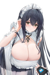 Rule 34 | 1girl, absurdres, azur lane, black hair, blush, breasts, cellphone, choker, cleavage, cleavage cutout, clothing cutout, cowboy shot, dress, frilled choker, frilled dress, frilled sleeves, frills, genera-x, green eyes, hair between eyes, tucking hair, highres, holding, holding phone, huge breasts, indomitable (azur lane), indomitable (ms. motivationless maid) (azur lane), leaning forward, looking at viewer, maid headdress, phone, pleated skirt, sidelocks, simple background, skirt, smartphone, solo, white background, white choker, white legwear