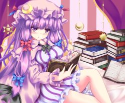 Rule 34 | 1girl, :o, blunt bangs, book, book stack, breasts, crescent moon symbol, curtains, double bun, dress, feet out of frame, frilled dress, frills, hair bun, hair ribbon, hat, indoors, knee up, long hair, looking at viewer, magic circle, medium breasts, mob cap, on bed, open book, outstretched leg, patchouli knowledge, pillow, purple eyes, purple hair, ribbon, robe, sidelocks, sitting, solo, striped background, striped clothes, striped dress, sun symbol, touhou, tress ribbon, unory, very long hair