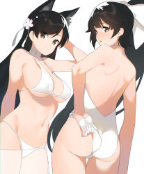 Rule 34 | 2girls, 2l (2lsize), adjusting clothes, adjusting swimsuit, animal ears, ass, atago (azur lane), atago (summer march) (azur lane), atago (summer march) (azur lane), azur lane, bad id, bad pixiv id, bikini, black hair, breasts, casual one-piece swimsuit, choker, cowboy shot, dog ears, hair ears, hair flaps, highres, large breasts, long hair, looking at viewer, multiple girls, one-piece swimsuit, ponytail, sarong, simple background, swimsuit, takao (azur lane), takao (beach rhapsody) (azur lane), wedgie, white background, white bikini, white one-piece swimsuit