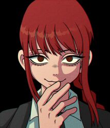 Rule 34 | 1girl, black background, black jacket, black necktie, braid, chainsaw man, closed mouth, collared shirt, commentary, cryptidhermit, english commentary, eyebrows hidden by hair, eyelashes, formal, jacket, long hair, makima (chainsaw man), necktie, nostrils, red hair, ringed eyes, shirt, solo, suit, upper body, wavy mouth, white shirt