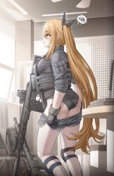 Rule 34 | 1girl, absurdres, annoyed, assault rifle, bandaged leg, bandages, black gloves, black pants, blonde hair, breasts, check copyright, cheogtanbyeong, chest rig, copyright request, gloves, grey shirt, grey shorts, gun, highres, large breasts, long hair, long sleeves, optical sight, original, pants, bulletproof vest, rifle, shirt, shorts, solo, suppressor, undressing, very long hair, weapon, yellow eyes