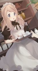 Rule 34 | 1girl, alternate costume, apron, blonde hair, blush, brown dress, cafe, commentary request, creatures (company), cup, dress, enmaided, game freak, grey eyes, highres, holding, holding tray, indoors, jar, long hair, maid, maid headdress, mug, nasakixoc, nintendo, open mouth, plant, pokemon, pokemon xy, potted plant, serena (pokemon), shelf, short sleeves, solo, teapot, tongue, tray, white apron