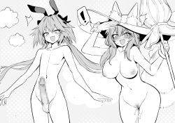 Rule 34 | 1boy, 1girl, animal ear fluff, animal ears, astolfo (fate), astolfo (saber) (fate), beach umbrella, blush, bow, bracelet, breasts, collarbone, erection, fate/grand order, fate (series), female pubic hair, fox ears, fox girl, fox tail, greyscale, hair bow, hair intakes, hair ribbon, hat, highres, jewelry, large breasts, long hair, looking at viewer, low twintails, monochrome, multicolored hair, navel, nipples, nude, open mouth, penis, pubic hair, ribbon, sidelocks, smile, streaked hair, sun hat, tail, tamamo (fate), tamamo no mae (fate/extra), tamamo no mae (swimsuit lancer) (fate), thighs, trap, twintails, umbrella, wisespeak