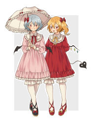 Rule 34 | 2girls, adapted costume, alternate costume, bad id, bad pixiv id, bat wings, blonde hair, bloomers, blue hair, blush, bow, crystal, dress, fang, flandre scarlet, full body, hair bow, highres, laevatein, long sleeves, looking at viewer, multiple girls, parasol, pink dress, platinum (o0baijin0o), red dress, red eyes, remilia scarlet, siblings, side ponytail, sisters, smile, tongue, tongue out, touhou, umbrella, underwear, white legwear, wings