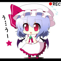 Rule 34 | 1girl, bat wings, blue hair, blush, chibi, female focus, full body, hands on own chest, hat, letterboxed, open mouth, recording, red eyes, remilia scarlet, solo, standing, teen (teen629), touhou, translated, white background, wings