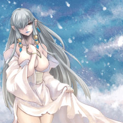 Rule 34 | 1girl, bare shoulders, clothes lift, dress, dress lift, earrings, elf, hair over one eye, japanese clothes, jewelry, long hair, pointy ears, sennoyume, solo, very long hair, white dress, white hair, yellow eyes