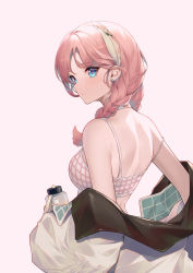 Rule 34 | 1girl, absurdres, arknights, back, bare shoulders, blue eyes, blue poison (arknights), blue poison (shoal beat) (arknights), bottle, braid, chinese commentary, commentary request, corrupted metadata, earrings, from behind, hairband, highres, holding, holding bottle, jacket, jewelry, jiusan naitang, looking at viewer, looking back, off shoulder, official alternate costume, pink hair, solo, sports bra, twin braids, upper body, white background, white jacket