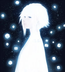 Rule 34 | 1girl, black eyes, cube, expressionless, from side, glowing, looking at viewer, original, sakimori (hououbds), short hair, silhouette, smile, solo, turning head, upper body, white hair, white theme