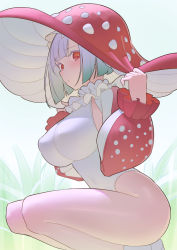 Rule 34 | 1girl, amanita muscaria (mushroom), blush, bob cut, breasts, closed mouth, colored eyelashes, covered erect nipples, from side, hat, large breasts, legs together, leotard, long sleeves, looking at viewer, mushroom girl, mushroom hat, neck ruff, original, red eyes, red hat, short hair, silver hair, solo, squatting, white leotard