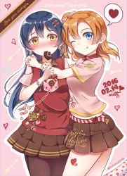 Rule 34 | 2girls, blue eyes, blue hair, blush, box, candy, chocolate, chocolate heart, commentary request, cowboy shot, dated, food, gift, gift box, hair between eyes, hair ornament, happy valentine, heart, highres, holding, holding gift, hug, kosaka honoka, long hair, looking at viewer, love live!, love live! school idol festival, love live! school idol project, minamixdrops, mouth hold, multiple girls, one eye closed, one side up, orange hair, pantyhose, ribbon, short hair, short sleeves, smile, sonoda umi, valentine, yellow eyes