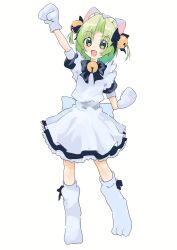Rule 34 | 1girl, absurdres, animal hat, arm up, bell, black bow, blush, bow, cat hat, clenched hands, dejiko, di gi charat, dress, full body, green hair, hair bow, hat, highres, jingle bell, kurobeko (kur0bek0), mittens, open mouth, paw shoes, short hair, simple background, solo, standing, two side up, white footwear, white hat, white mittens