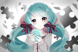 Rule 34 | 1girl, :&lt;, blue hair, blush, chuuko anpu, commentary, commentary request, commission, glowing, hair ribbon, hatsune miku, highres, holding, holding phone, hood, hood up, hoodie, interviewer (vocaloid), long hair, long sleeves, looking at viewer, low twintails, open mouth, partial commentary, phone, project mirai, puzzle piece, red eyes, ribbon, solo, striped ribbon, twintails, upper body, vocaloid
