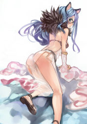 Rule 34 | 1girl, all fours, animal ears, arm support, ass, back, bare shoulders, blue eyes, blue hair, blush, breasts, brown footwear, commentary request, detached sleeves, dress, eye mask, foot out of frame, from behind, fur, fur collar, goinkyo, long hair, looking at viewer, looking back, medium breasts, okishiji en, open mouth, ragnarok online, sandals, solo, sorcerer (ragnarok online), white dress, white sleeves