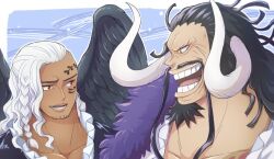 Rule 34 | 0aoiurn0, 2boys, beard, beard stubble, black hair, black wings, braid, close-up, coat, commentary request, curled horns, facial hair, frilled shirt, frills, fur coat, horns, kaidou (one piece), king (one piece), long hair, long mustache, looking at another, male focus, multiple boys, one piece, purple coat, red eyes, shirt, smile, stubble, white hair, white horns, white shirt, wings