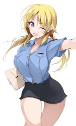 Rule 34 | 1girl, ;d, ahoge, black skirt, blonde hair, blue eyes, blue shirt, breasts, cleavage, envelope, hachimiya meguru, hair ornament, hairclip, holding, holding envelope, idolmaster, idolmaster shiny colors, large breasts, long hair, looking at viewer, low twintails, one eye closed, open mouth, polo shirt, school uniform, shirt, short sleeves, simple background, skirt, smile, solo, star (symbol), star hair ornament, thighs, twintails, white background, zekkyon