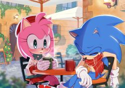 Rule 34 | 1boy, 1girl, alternate costume, amy rose, blue eyes, blush, christmas tree, closed eyes, crossed legs, day, furry, furry female, furry male, gloves, hat, highres, konjiki ringo, outdoors, red headwear, red scarf, red skirt, scarf, sitting, skirt, sonic (series), sonic the hedgehog, table, town, umbrella, white gloves, white umbrella