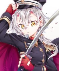 Rule 34 | 1girl, azur lane, cape, closed mouth, commentary request, crossed bangs, dated, ear piercing, epaulettes, fingerless gloves, frown, gloves, hair between eyes, hair ornament, hairclip, hat, highres, holding, holding clothes, holding hat, holding sword, holding weapon, horns, katana, kinu (azur lane), kinu (retrofit) (azur lane), looking at viewer, low ponytail, military, military hat, military uniform, oni horns, piercing, red gloves, satsuki meguru, signature, silver hair, solo, sword, uniform, upper body, weapon, yellow eyes