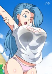 Rule 34 | 1girl, absurdres, arms up, blue eyes, blue hair, bra, breasts, bulma, cloud, cowboy shot, day, dragon ball, dragon ball super, dragonball z, earrings, etzelin, female focus, groin, highres, jewelry, large breasts, legs, long hair, one eye closed, open mouth, outdoors, panties, pink panties, see-through, sky, solo, standing, stretching, thighs, underwear, yawning