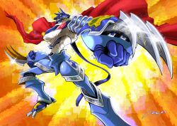 Rule 34 | 1boy, armor, cape, claws, digimon, digimon (creature), highres, male focus, miragegaogamon, solo, yellow eyes