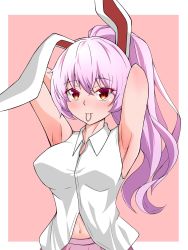 Rule 34 | 1girl, animal ears, armpits, blush, border, breasts, highres, long hair, looking at viewer, mouth hold, navel, pink background, pink skirt, ponytail, rabbit ears, red background, reisen udongein inaba, shirt, skirt, solo, tasuku (tusktouhou4), touhou, two-tone background, white border