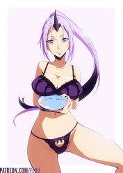 Rule 34 | 1girl, 1other, black horns, blush, blush stickers, bra, breasts, cleavage, collarbone, commentary request, creature, flou (flou art), highres, horn, horns, large breasts, long hair, looking at viewer, oni, oni girl, oni horn, oni horns, panties, ponytail, purple eyes, purple hair, rimuru tempest, shion (tensei shitara slime datta ken), single horn, slime, smile, smiles, string panties, tensei shitara slime datta ken, underwear, very long hair