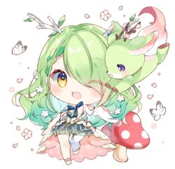 Rule 34 | 1girl, ;d, animal, antlers, blue dress, blush, braid, braided bangs, branch, brown eyes, bug, butterfly, ceres fauna, commentary, dress, eyes visible through hair, flower, green hair, hair over one eye, highres, hololive, hololive english, horns, insect, mushroom, nemu (ceres fauna), one eye closed, open mouth, petals, pink flower, single thighhigh, smile, solo, standing, standing on one leg, symbol-only commentary, thighhighs, virtual youtuber, white background, white thighhighs, yuni (irohasuiroiro)